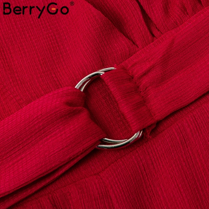 BerryGo красный комбинезон с рюшами на рукавах женский сексуальный глубокий v