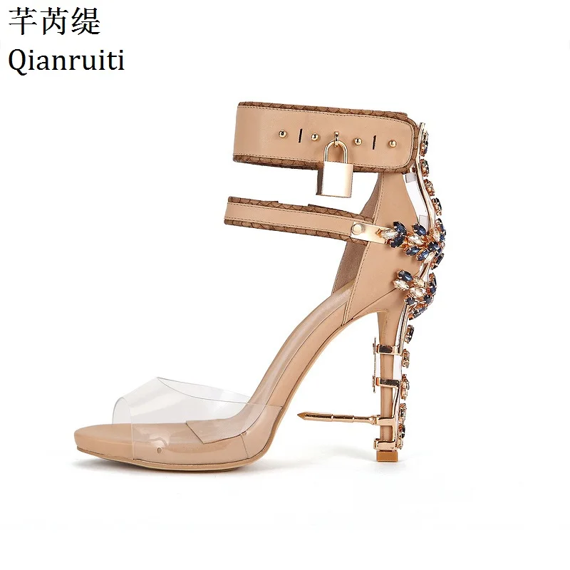 

Qianruiti Transparent PVC Ankle Strap Women Pumps Rome Style Padlock High Heels Gladiator Sandals Studded Crystal Women Shoes