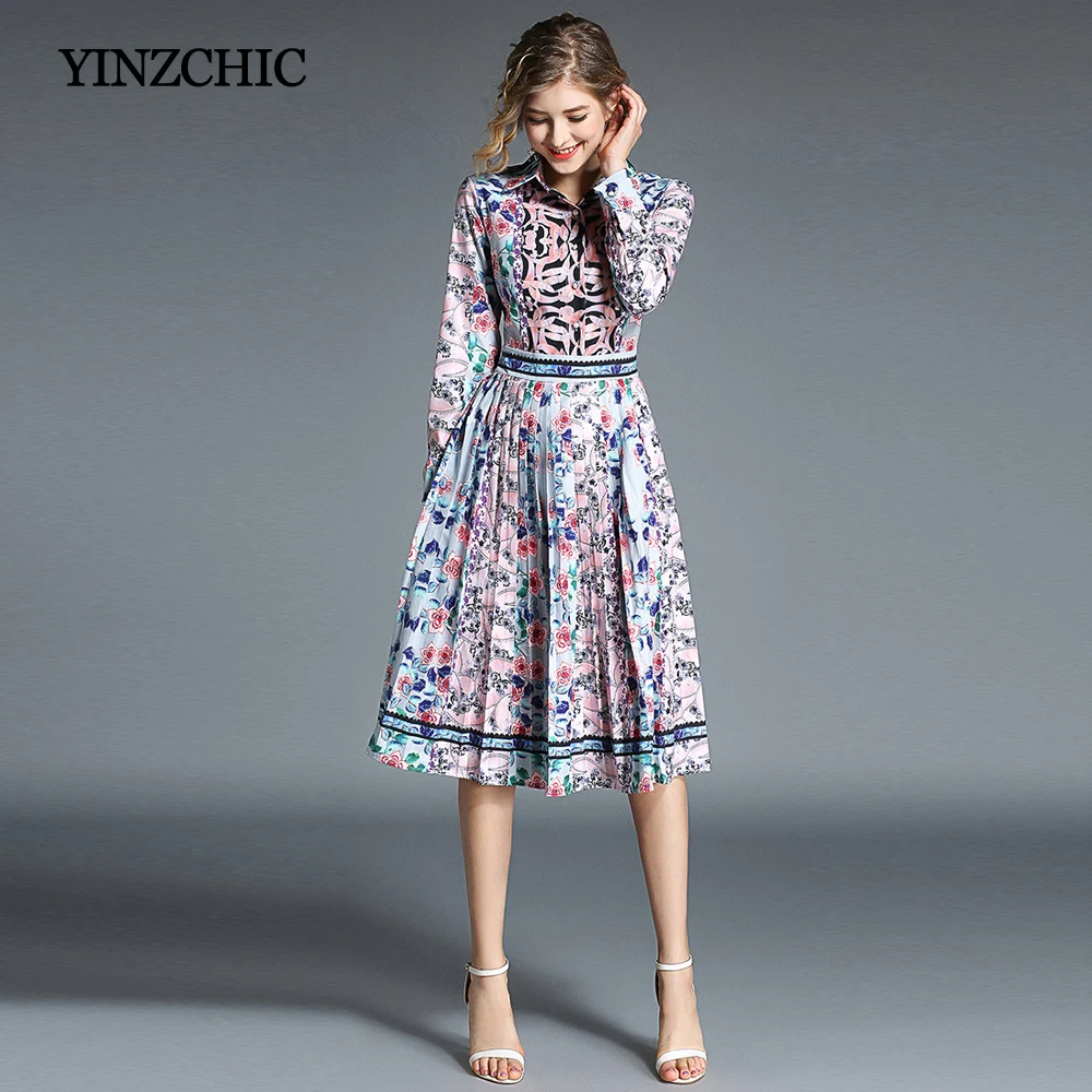 Vintage Printed Woman Autumn Dress Full Sleeve Female Elegant Mid Dresses Party Knee-Length Pleated Dresses Women Casual Dress