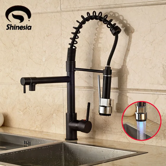 Cheap LED Light Spring Kitchen Faucet Swivel Spout Pull Out Vessel Sink Mixer Tap Oil Rubbed Bronze