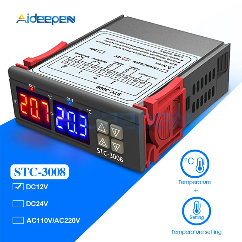 

STC-3008 Dual Digital Temperature Controller Two Relay Output Thermostat Thermoregulator 10A Heating Cooling 12V 24V 110V 220V