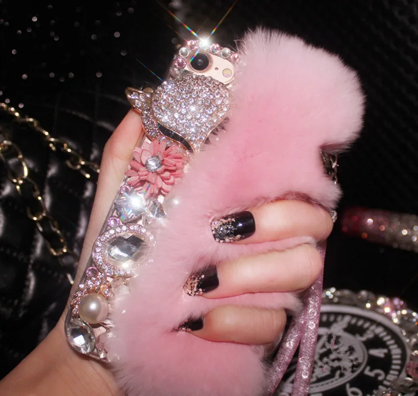 Luxury Soft Fluffy Rabbit Fur Bling Diamond Fox Head Flower Pearl Phone Case Per Iphone14 11 12 13 15Pro Max Xr Xs 7 8 Plus Case