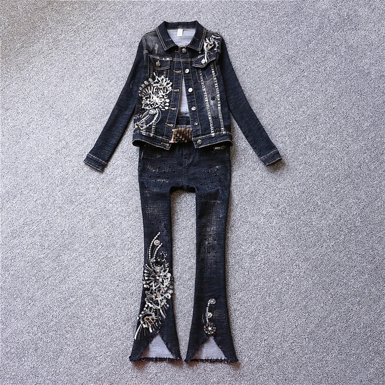 Veste Automne Et Nouveau Femmes Européen Large Taille Broderie Hiver À 2018 Casual Fleurs Paillettes Denim UFnzAqq