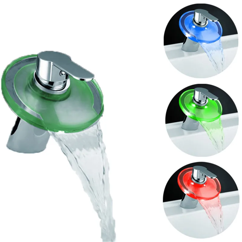 

Temperature detectable light RGB LED LIGHT GLASS WATERFALL FAUCET KITCHEN BASIN BATHROOM SINK MIX TAP FAUCET