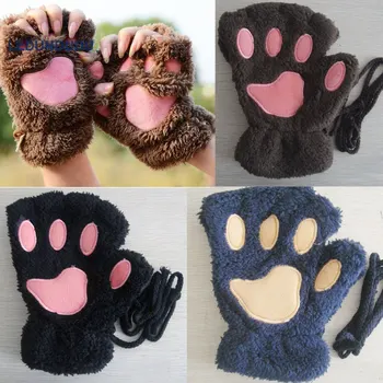 

10 Pairs Women Lovely Winter Warm Fingerless Gloves Girls Fluffy Bear Cat Paw Claw Half Finger Plush Gloves Mitten Dropshipping
