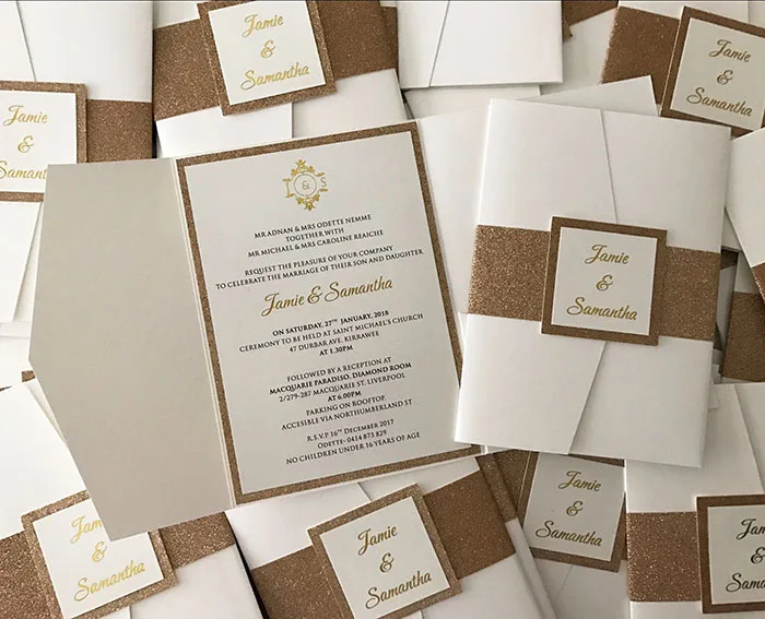  Glitter Pocketfold Wedding Invitations with belly band CA0766 - 32828301947
