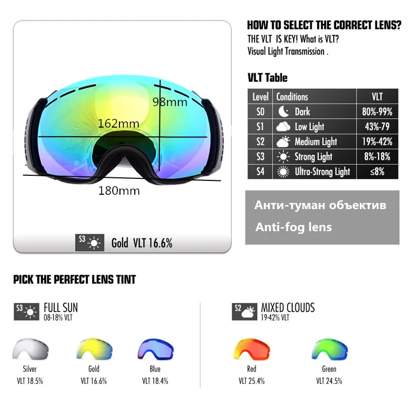 Anti-niebla doble esquí snowboard Gafas de deporte de invierno nieve fotosensibles UV400 grande esférico Gafas ciclismo Gafas Esqui esquí Gafas