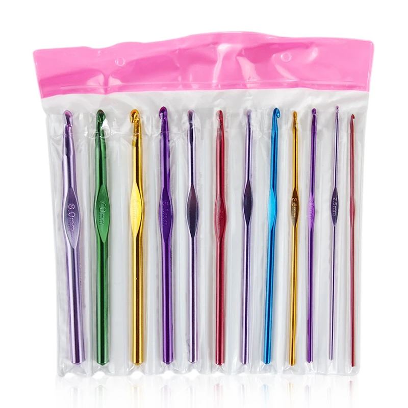 12Pcs Metal Handle Crochet Hook Knitting Needles Set Aluminum Bamboo