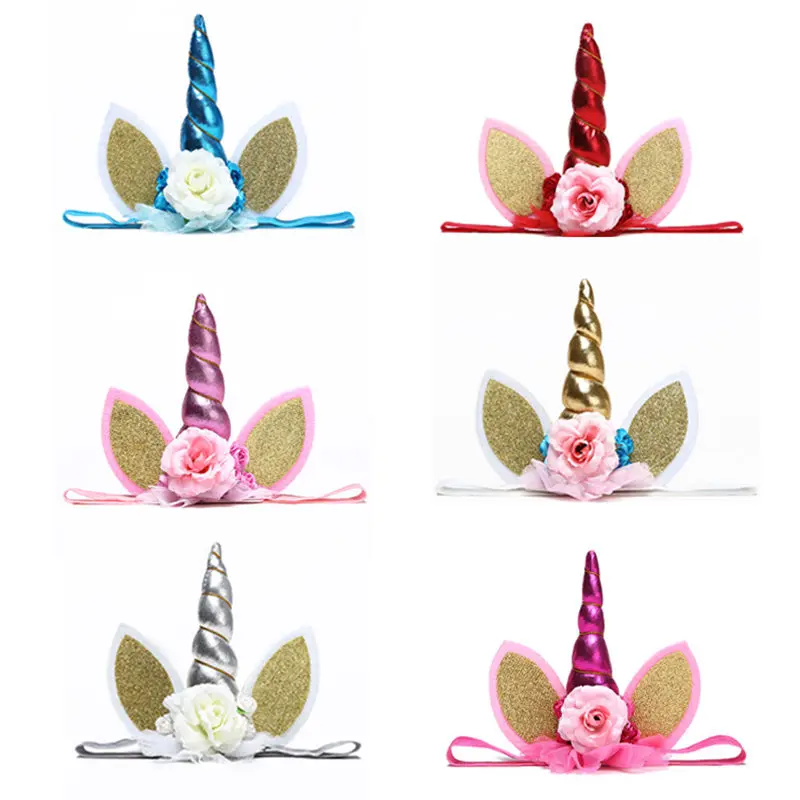 

Gold Glitter Children Unicorn Birthday Party Hat Party Favors Baby Shower Flower Gauze Headband Kids Hair Decorative Kids Gift