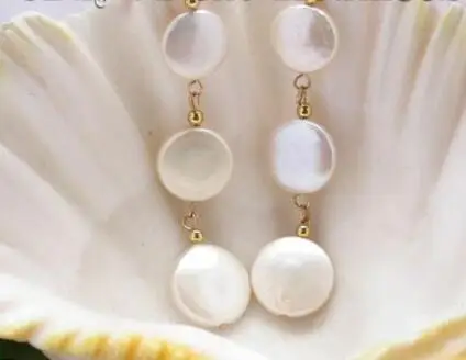 

Free Shipping >>>>14mm white fresh water coin pearl dangle earring 14k gold