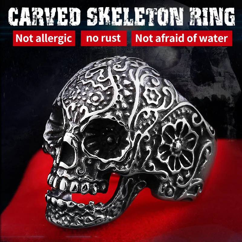 

BEIER Wholesale Classic Garden Flower Skull Ring For Man Stainless Steel Man's Punk Style Jewelry BR8-071 US Size