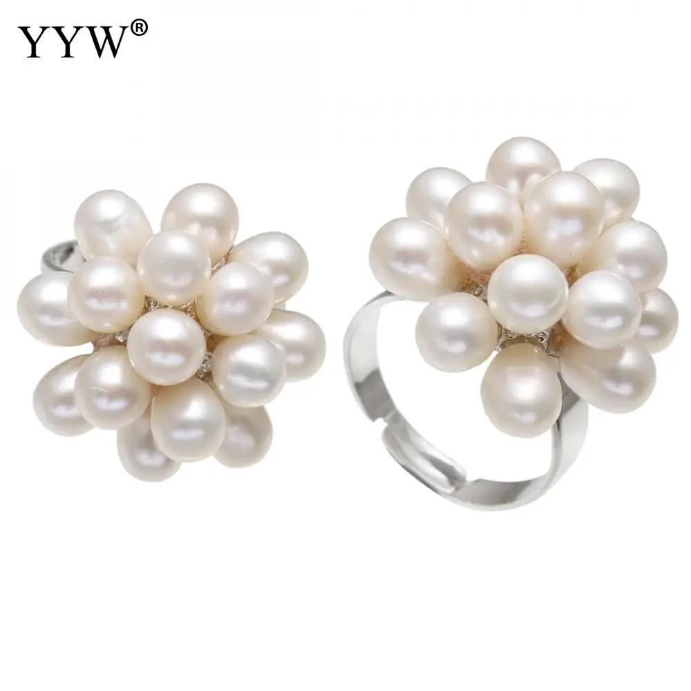 

Fashion Freshwater Pearl Finger Ring Flower Shape White Freshwater Pearl Beads Rings for Women Wedding Jewelry US Ring Size 8