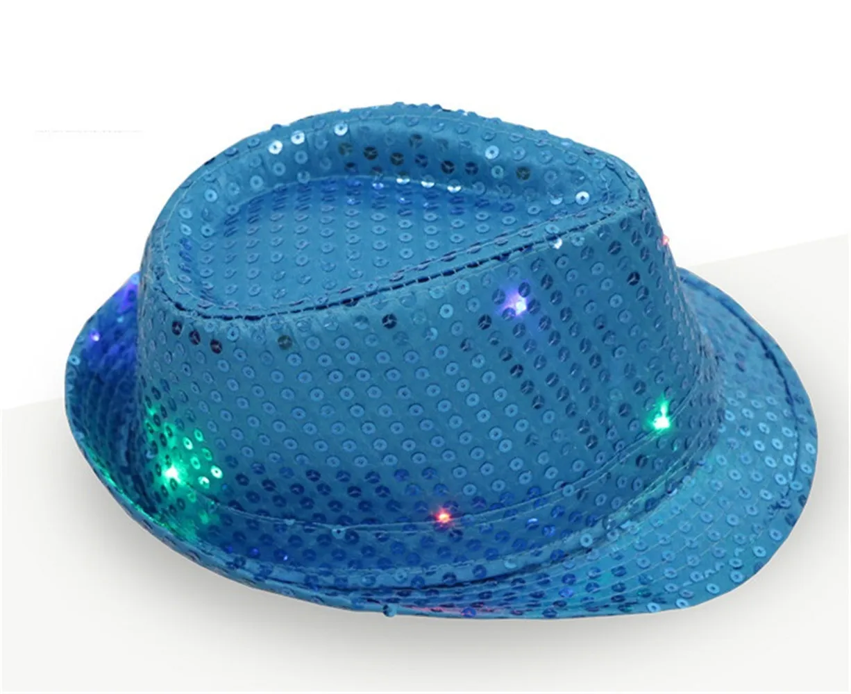 Черная детская шляпа-федора, котелок с пайетками, мужские формальные шляпы Fedoras, женский джаз, светодиодный Светодиодный свет, блестящие вечерние головные уборы унисекс