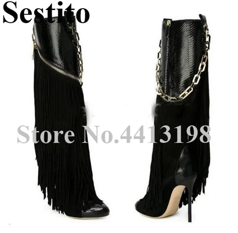 

2019 Newest Fashion Black Fringe Pointed Toe Mid-Calf Boots Super High Thin Heels Zip Metal chain Women Shoes Spring/Autumn