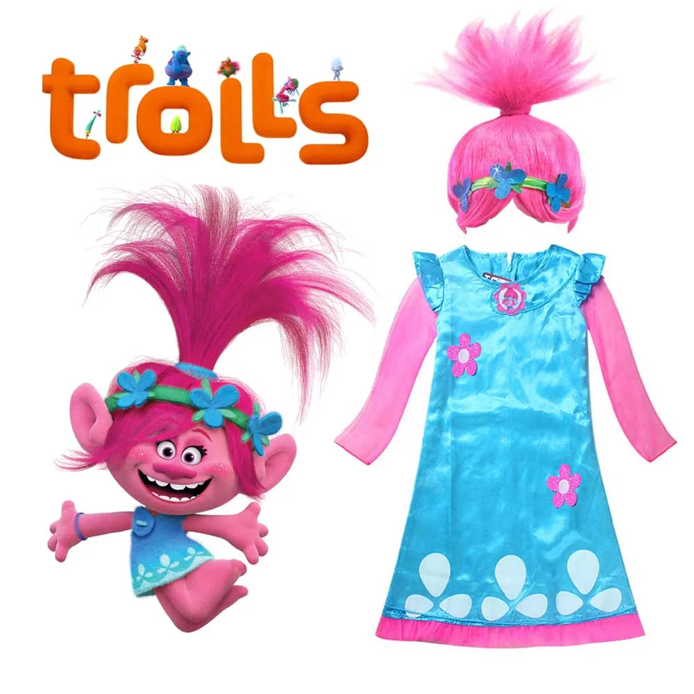 Parrucca Cosplay Bambini Trolls Rosa Vestito Costume Papavero PxYnF0w