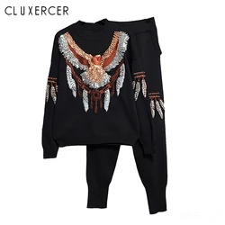 Women Knitted Sweaters Pants 2PCS Track Suits Woman Casual Beading Eagle Knitted Trousers+Jumper Tops Clothing Sets Vestidos Women Knitted Sweaters Pants 2PCS Track Suits Woman Casual Beading Eagle Knitted Trousers+Jumper Tops Clothing Sets Vestidos
