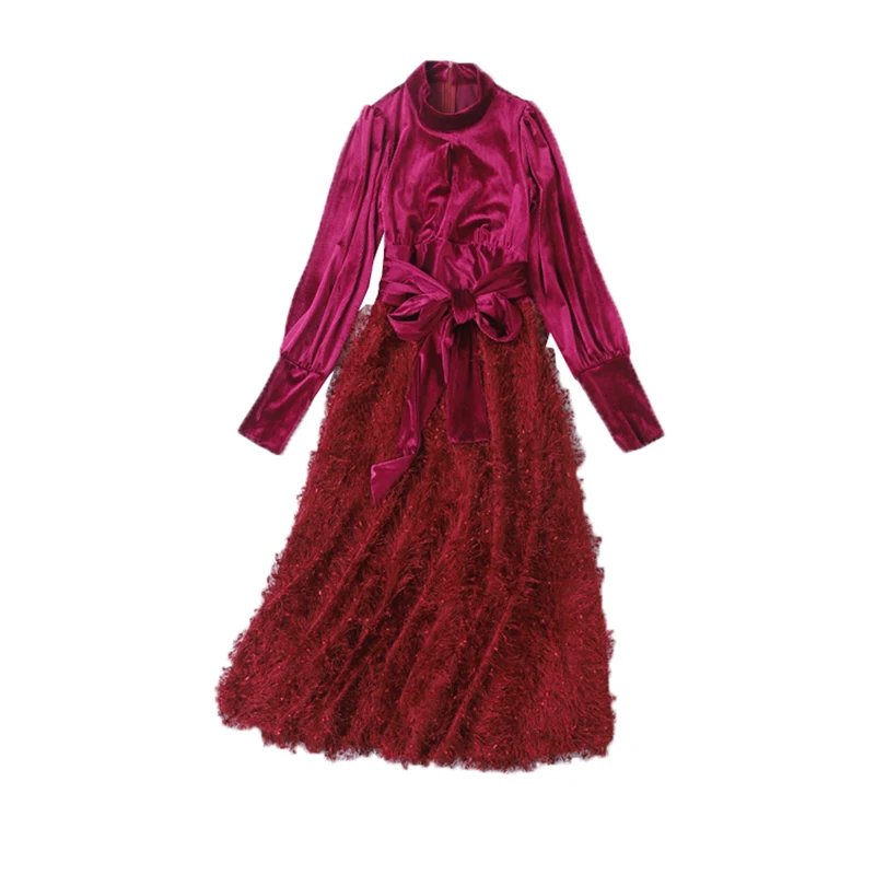 

HIGH QUALITY New Fashion 2019 Designer Runway Dress Women's Long Sleeve Corduroy Tassel Patchwork Dress