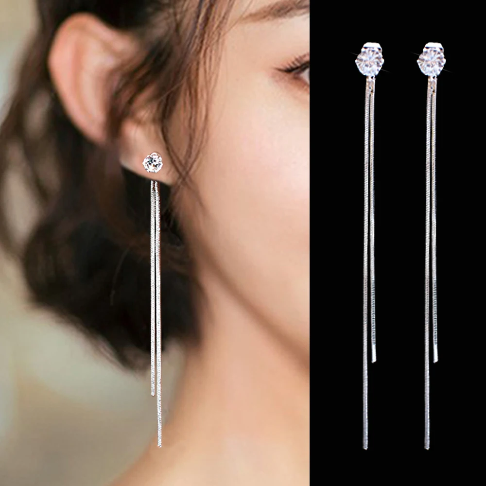 2019 New fashion Silver Plated Dangle Hanging Gem Stone Rhinestone Long Drop Earrings For Women Tassel Jewelry brincos bijoux