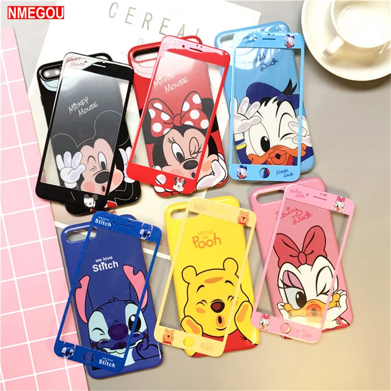 

360 Full Cover Cute Cartoon TPU Phone Case Glass Screen Protector for IPhone X XS Max XR 8 7 6 6S Plus Coque Bumper Accessories