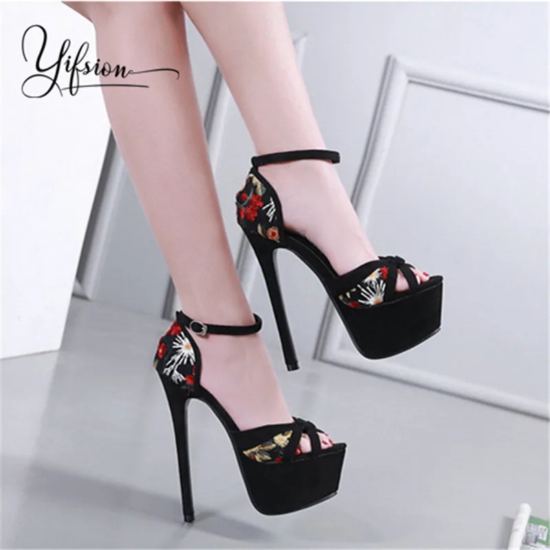 

YIFSION New Black Sexy Black Platform Summer Sandals Embroidery Buckle Strap Thin High Heel Sandals Shoes Women