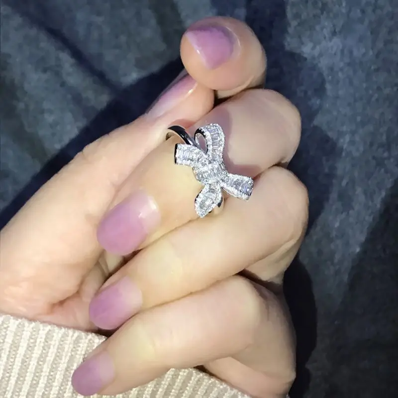 

Cubic Zirconia Big Bowtie Ring Band White Crystal Inlaid Dainty Women Jewellery