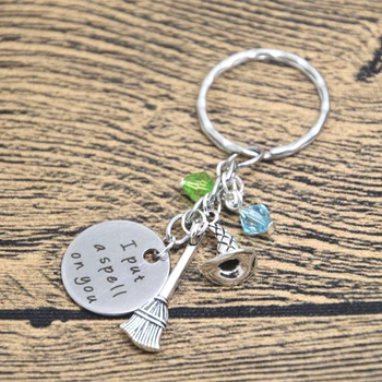 

12pcs/lot Hocus Pocus Inspired Halloween keyring I put a spell on you Crystals Silver tone Witch keychain