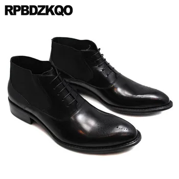 

Wedding Men's Shoes Full Grain Leather Pointed Toe Plus Size Boots High Top Ankle Brogue Designer Oxford Booties Black Dress