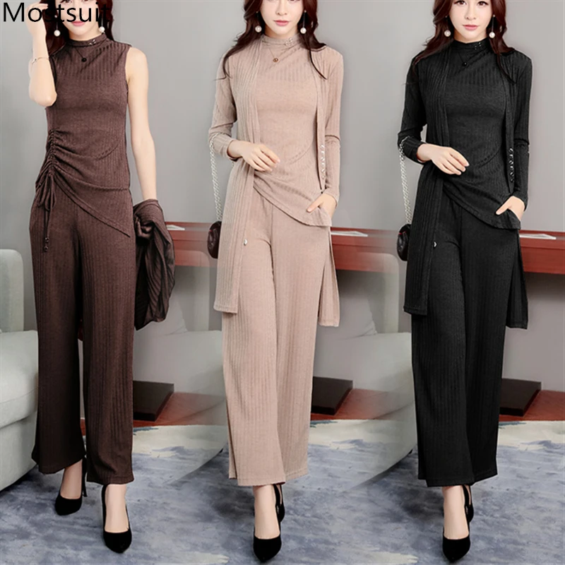 

3 Piece Set Women Summer Spring Knitted Suits Vest Pullover Tops And Wide Lege Pants Long Cardigan Coat Plus Size Clothing