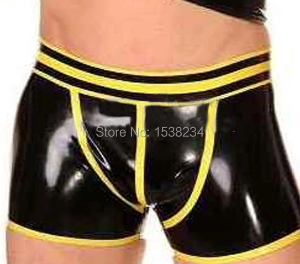 

Sexy Men's Latex Underwear Rubber Boxer Black Latex Lingerie Yellow Trim