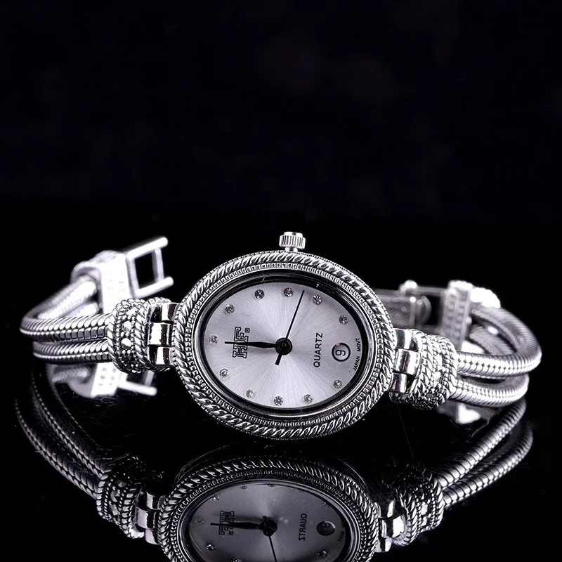 Новые женские часы кварцевые женские часы 925 стерлинговые серебряные, с календарем показывает Водонепроницаемый Креативный тренд личность Ms. наручные часы