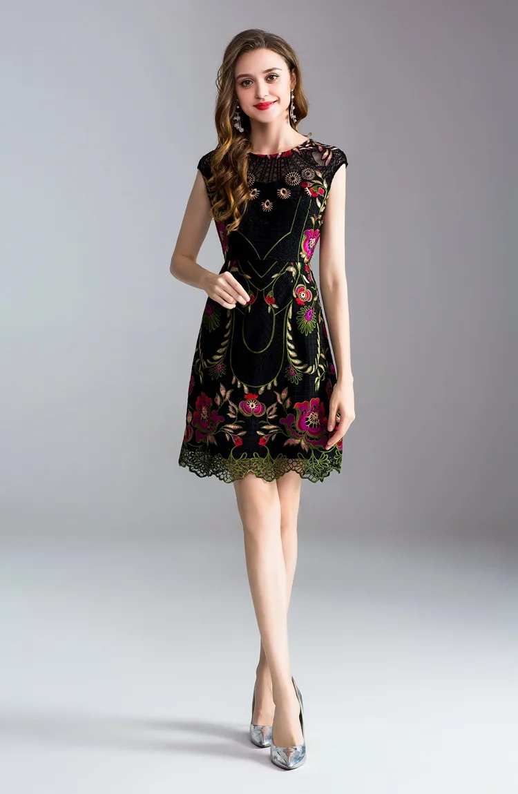 AELESEEN женское роскошное подиумное платье весна лето элегантное платье Цветочная вышивка выдалбливают размера плюс черное платье XXXL