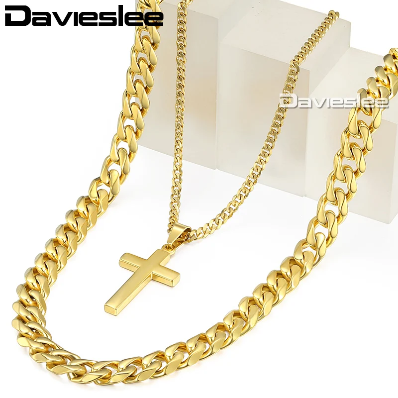 

Davieslee 11mm Cross Pendant Necklace For Men Double Chain Gold Tone Stainless Steel Curb Cuban Link LDN05
