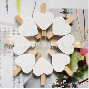 

100Pcs/Lot Free Shipping Cute Wooden Mini white Heart Shape Clip Photo paper postcard Clips pegs Wedding Party Decoration 30mm