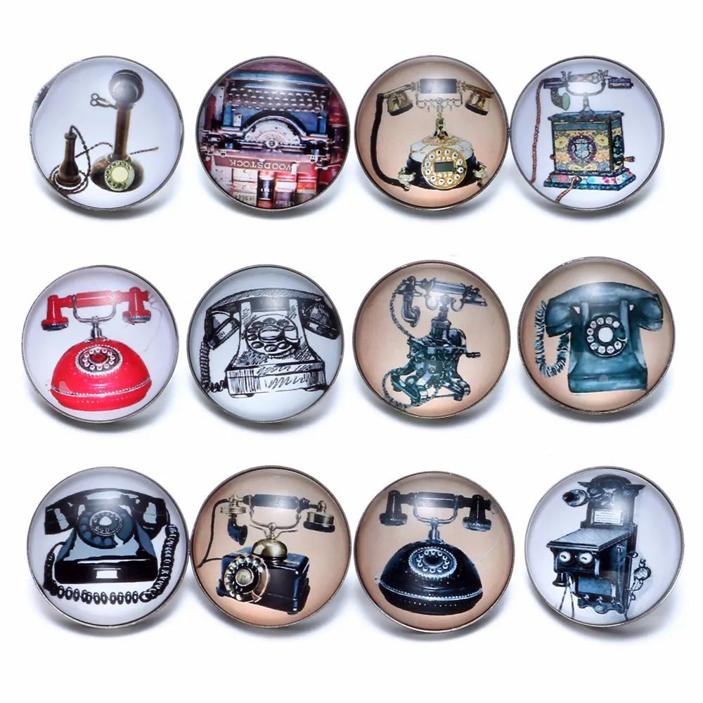 12pcs/lot Vintage Telephone Theme Glass Charms 18mm Snap Button Jewelry For 18mm Snaps Bracelet Snap Jewelry KZ0687