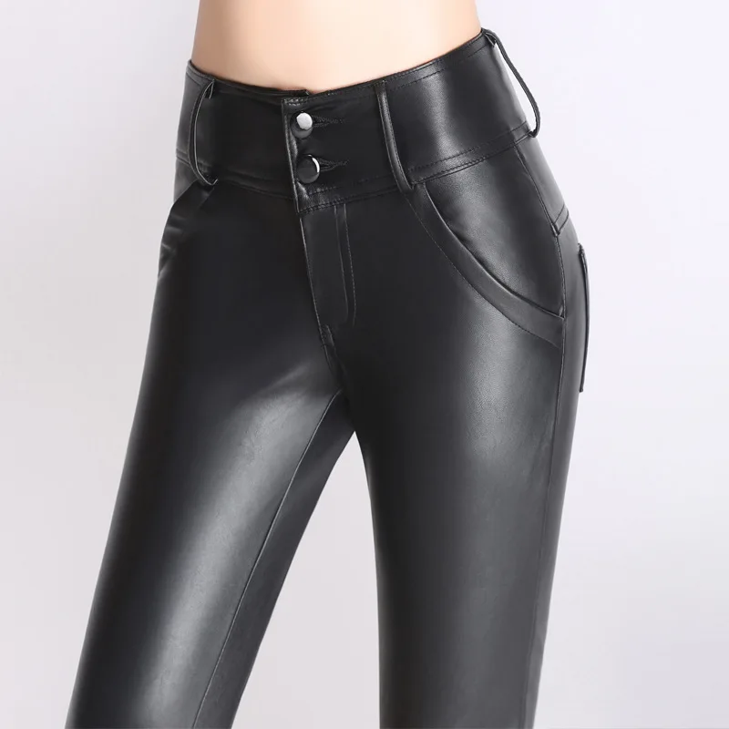 0510 зимние теплые обтягивающие Стрейчевые женские брюки из искусственной кожи больших размеров, черные узкие флисовые брюки из искусственной кожи с высокой талией 4XL - Цвет: black