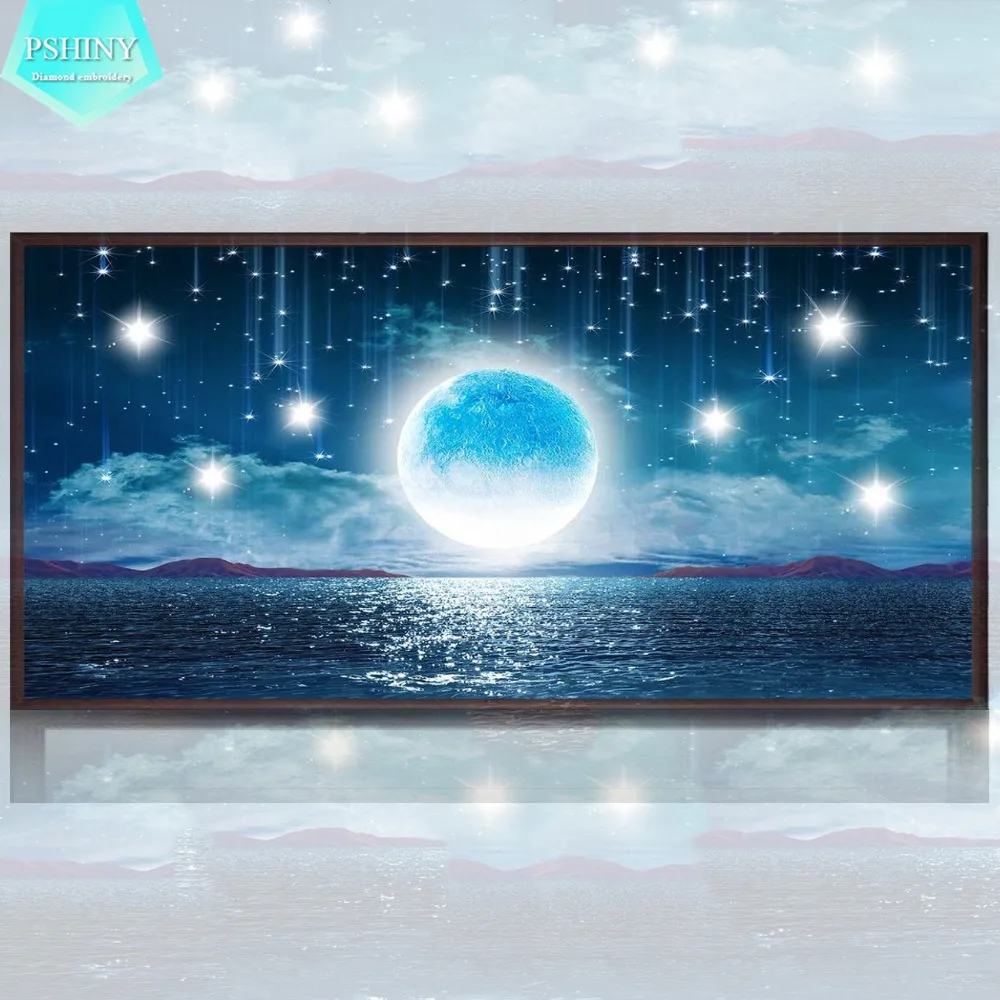 

PSHINY 5D DIY Diamond embroidery sale Night Moon Seascape Scenic Full Round rhinestone kit Diamond Painting cross stich