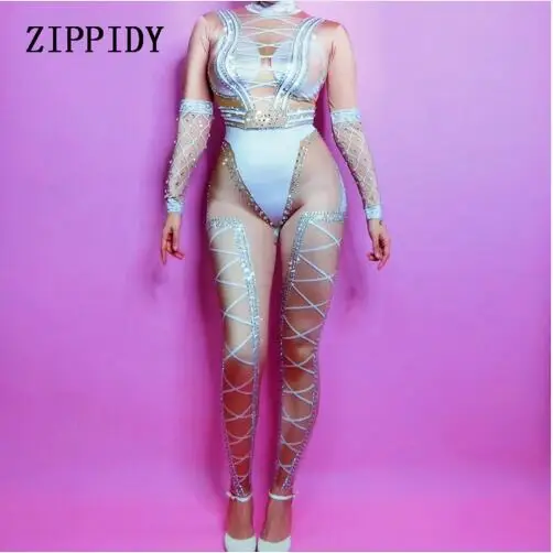 

2019, комбинезон украшенный кристаллами, Женский Сексуальный Обнаженный костюм для вечеринок, сценическое боди, женский эластичный костюм для певицы, стразы