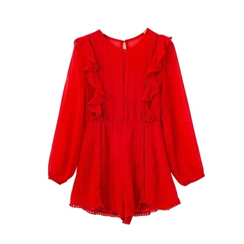 

O-neck Women Ruffles Vitnage Back Hollow Out Long Sleeve Playsuits Solid Sexy Casual Women Long Sleeve Playsuits