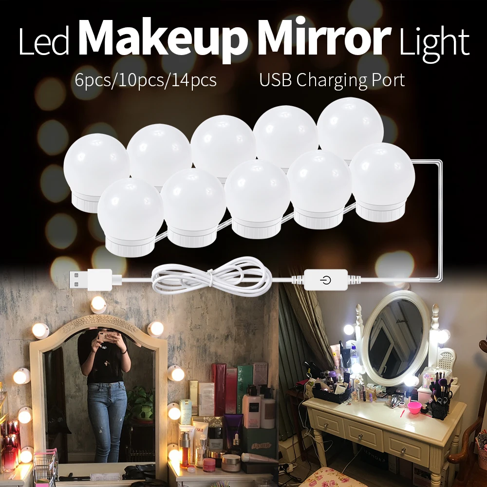 6/10/14 лампы зеркало для макияжа с подсветкой Яркость Регулируемый косметическое зеркало с подсветкой led лампа Голливуд Стиль заряжается от USB, туалетный столик макияж свет