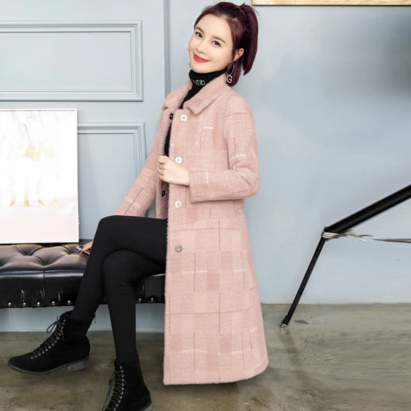 ##BUY 2018 Winter Long Thicken Warm Woolen Jackets Ladies Plaid Blends Coat Outwears Women Fashion Faux Mink Fur Coats RE2012
