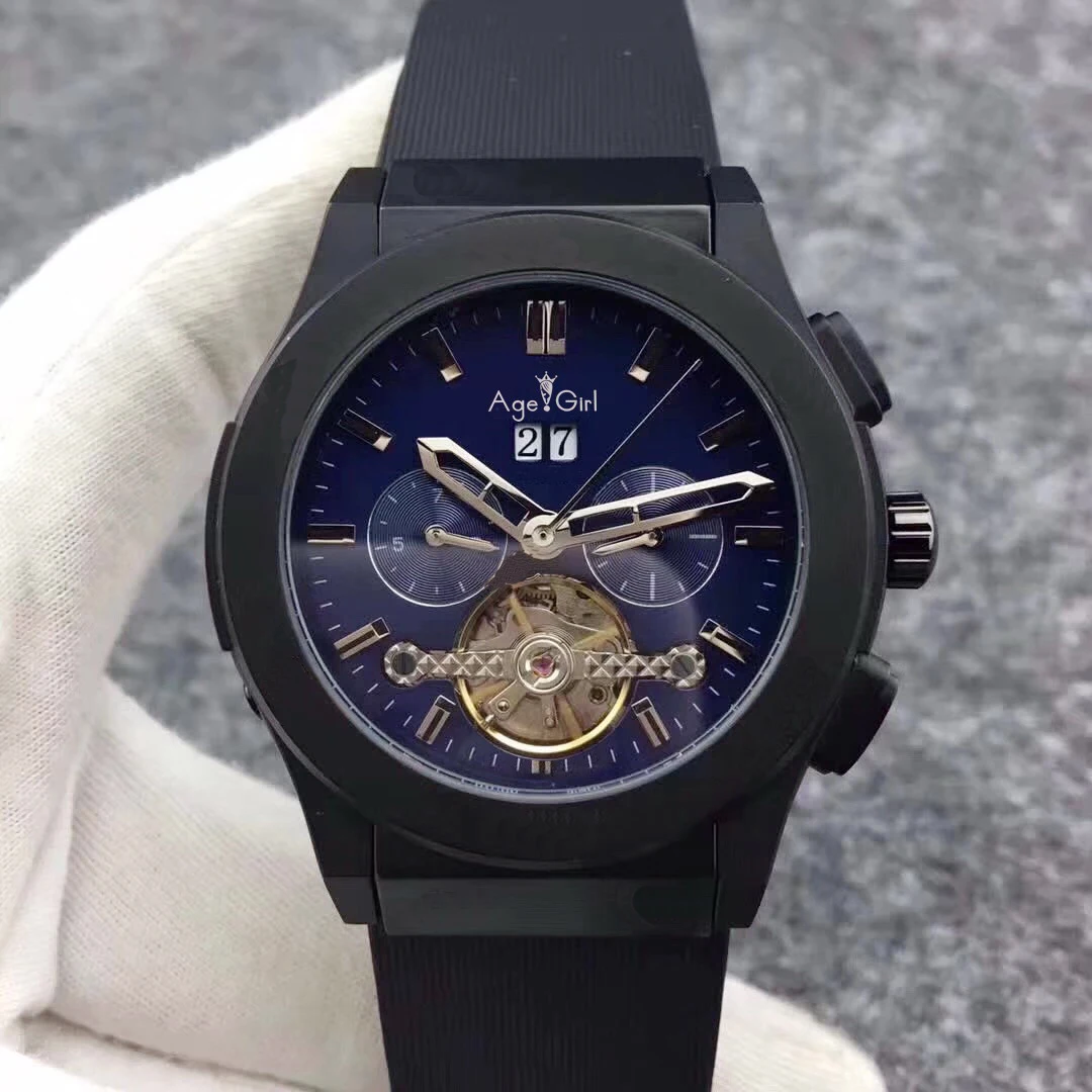 

Luxury Brand New Men Automatic Mechanical Watches Full Black Blue Grey Brown Rubber Leather Tourbillion Date Calendar Watch AAA+