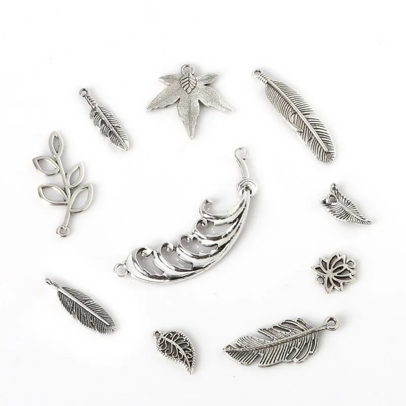 

New 69pcs Mixed Leaves & Feathers Vintage Charm Pendant Antique Silver Plated Fit Bracelets Necklace DIY Metal Jewelry Findings