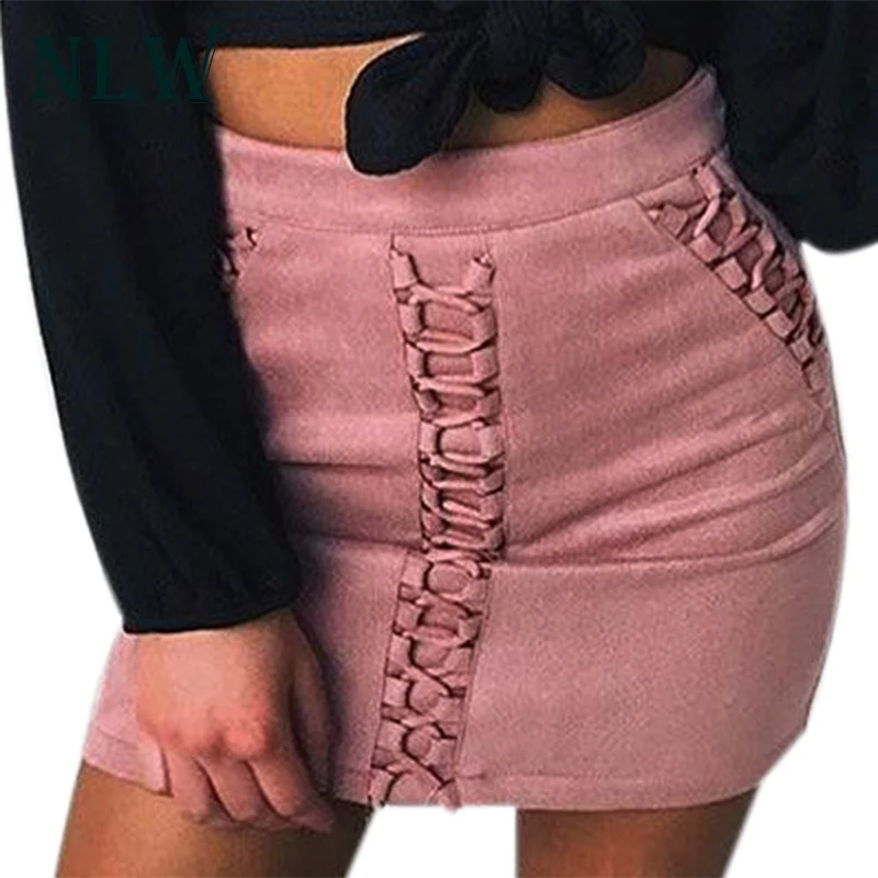 

NLW Sexy Pink Pencil Lace Up Skirts High Waist Zipper Suede Leather Skirt Short Mini Skirts Winter 2019 Women Ladies Wrap Skirts