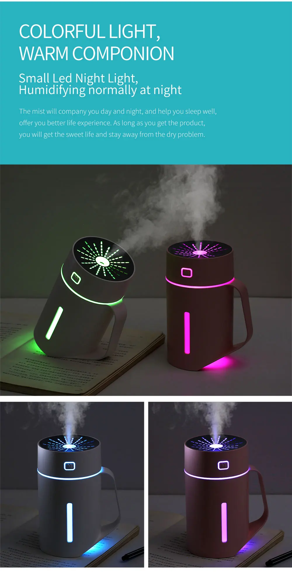 420ML USB Humidifier Portable Mini Cup Shape Humidificador Aroma Oil Diffuser with Seven Color Night Lamp for Home Office Car (2)