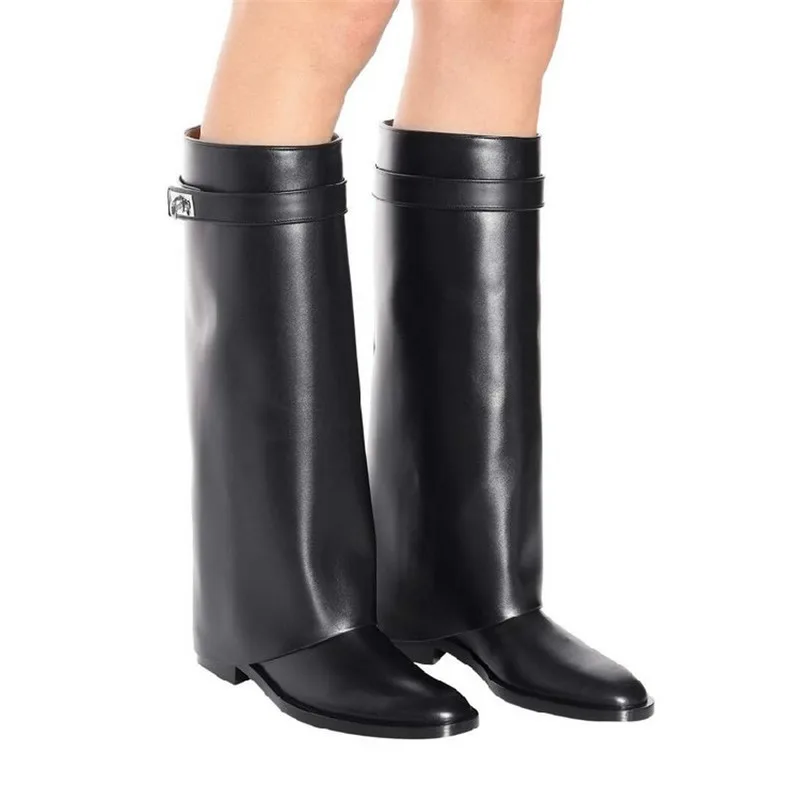 Knsvvli/Новинка; женская папка блокировки «Акула»; женские сапоги до колена; обувь на плоской подошве с круглым носком; черные кожаные сапоги Martin с высоким голенищем