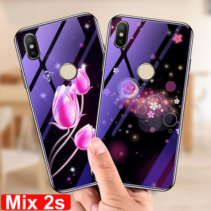Cover For xiaomi mi Mix 2s case flower blue Tempered Glass back cover Mix2s phone cases 2 s protective casing | Мобильные телефоны