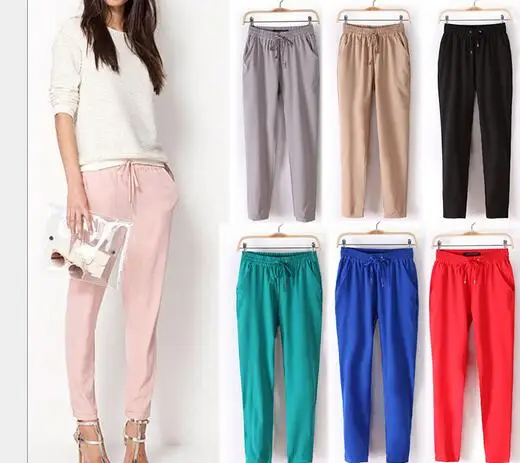 Pantalones informales de cintura elástica cómodos de color brillante para primavera y verano, novedad de 2018, Europa y Estados Unidos