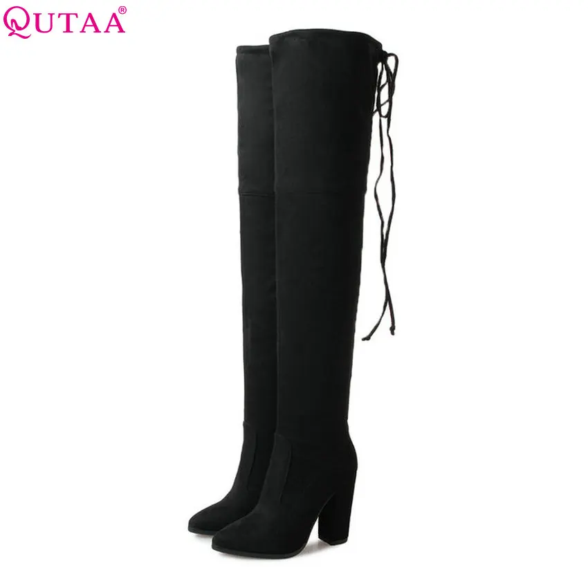 

QUTAA 2018 New Women Over The Knee High Boots Flock Pointed Toe Fashion Square High Heel Women Fashion Boots Size 34-39
