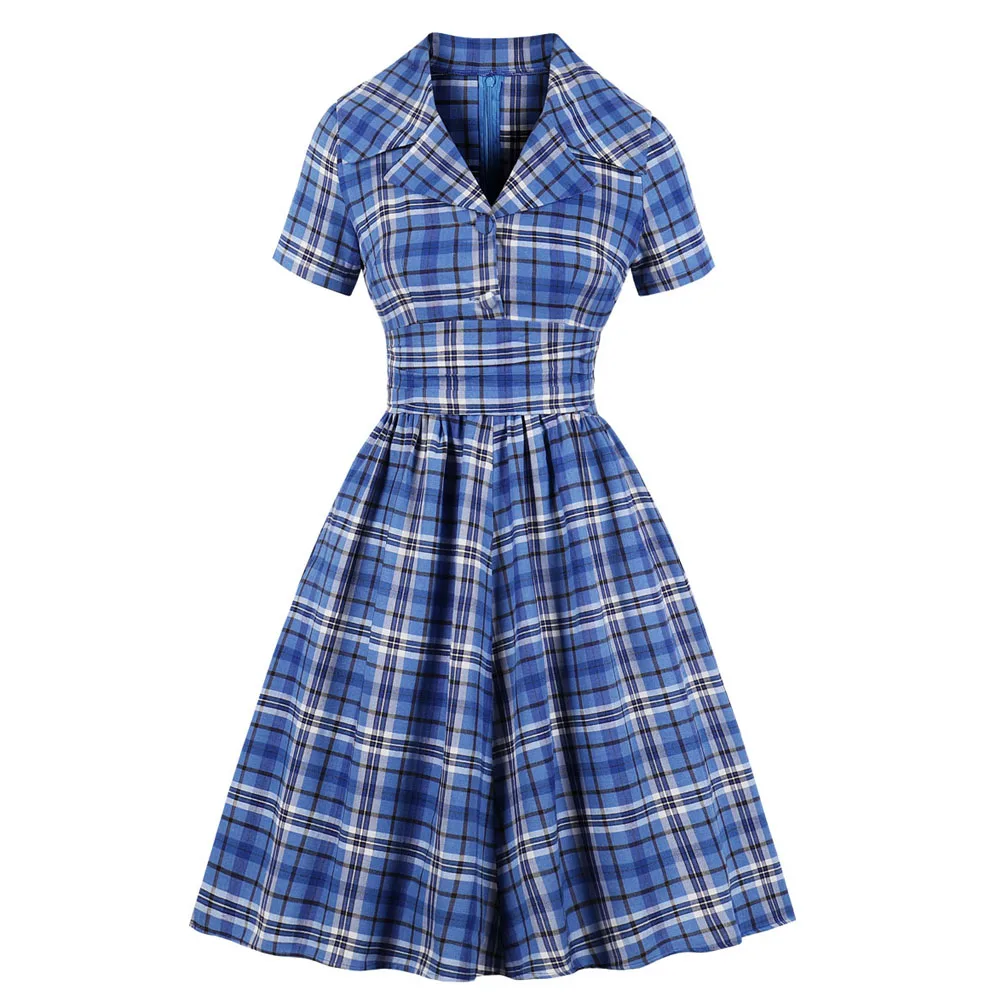 Blue Plaid 60s Hepburn Vintage Dress 