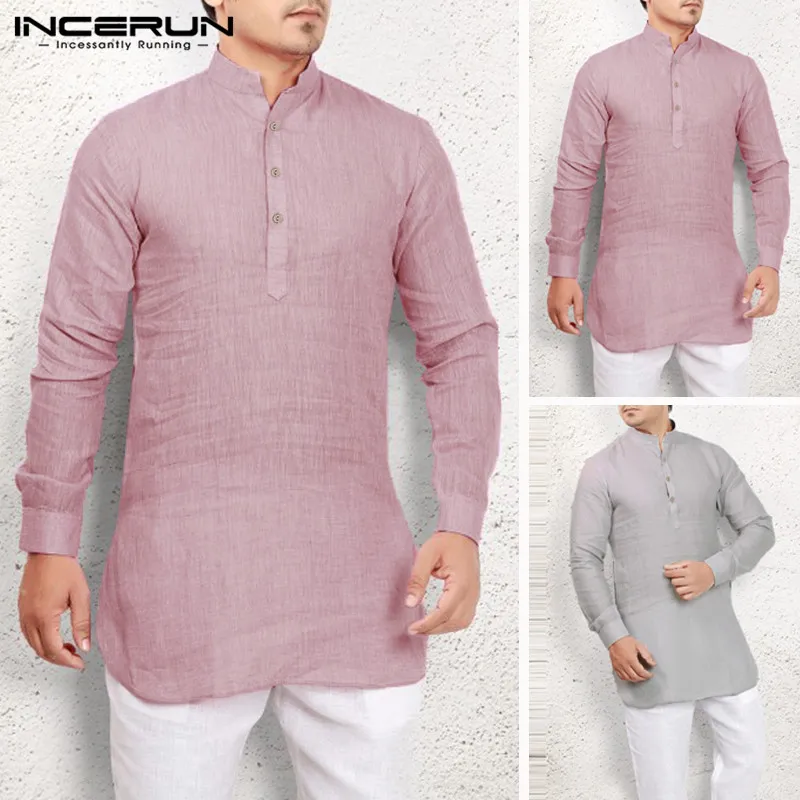 

INCERUN 2020 Arab Long Sleeve Men's Loose Stand Collar Muslim Solid Color Robe Saudi Arabia Middle Eastern Robe Men Jubba Thobe